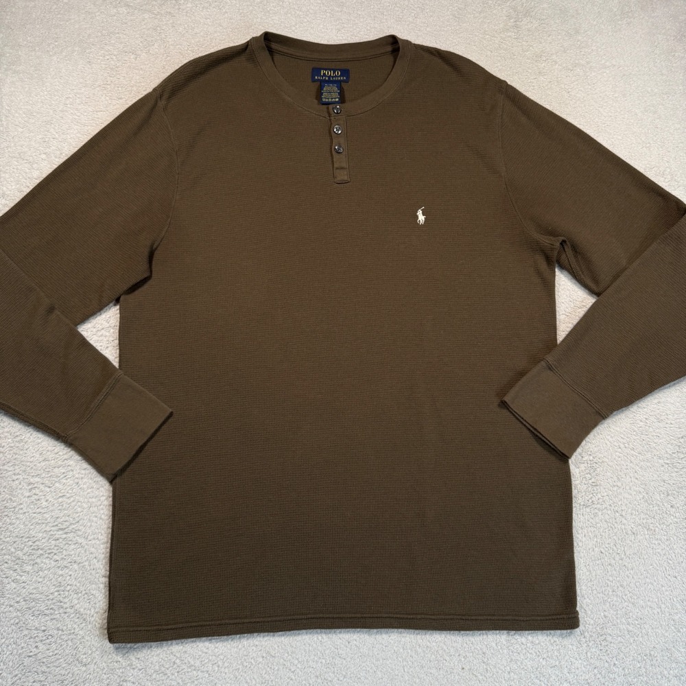 Polo Ralph Lauren Henley Mens XL Brown Waffle Knit Thermal Long Sleeve Shirt